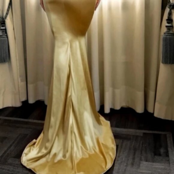 Gold Satin Floor-length Sweep Train Trumpet Sleeveless Casual Evening Dress - Picture 4 of 5
